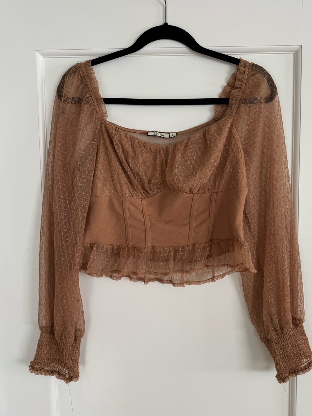 2Bella Brown Sheer Puff Sleeve Cropped Blouse - Size Large